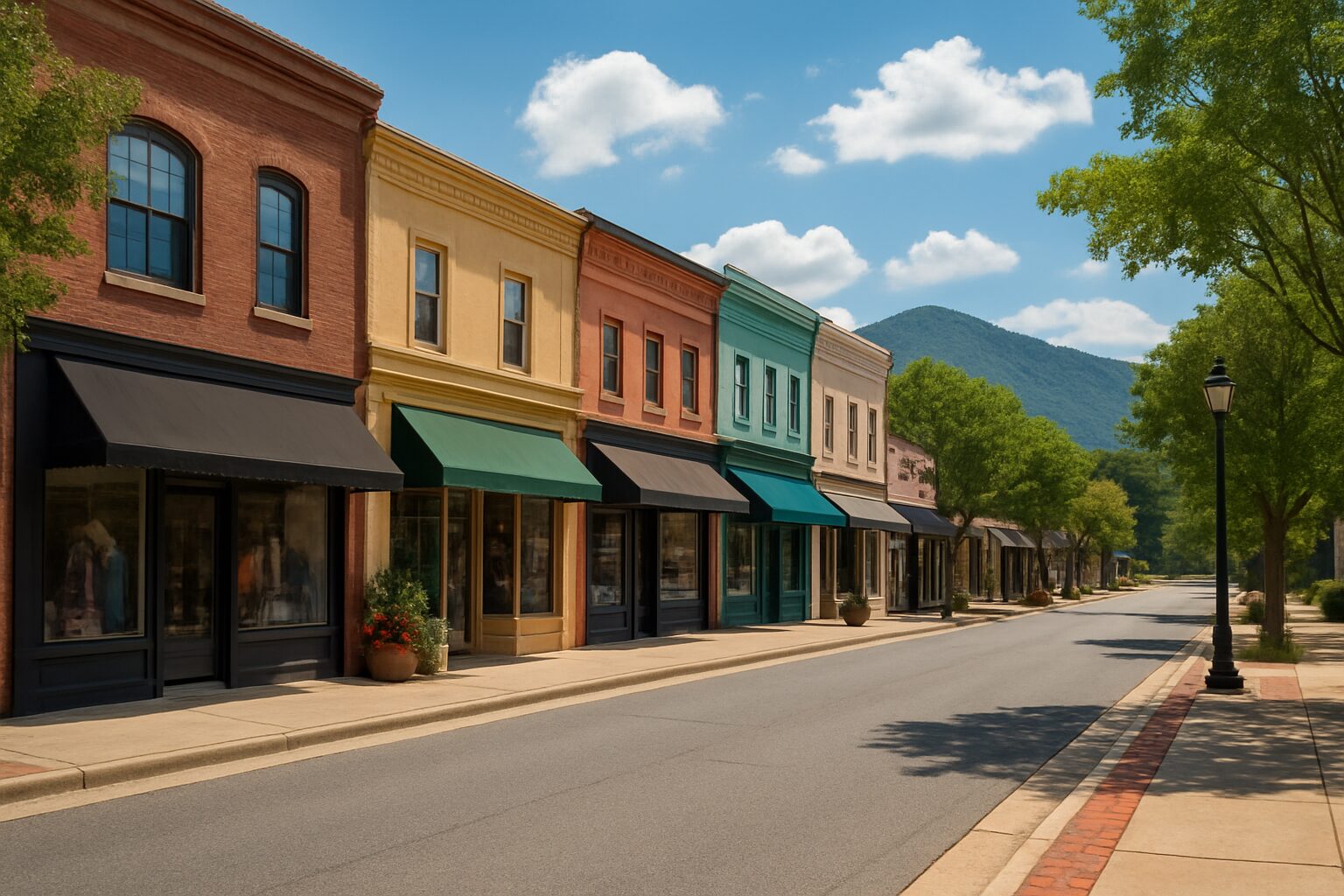 colorful storefronts lining a quiet street under a blue sky