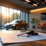 Car keys resting on documents in a well-lit modern setting with a car in the background