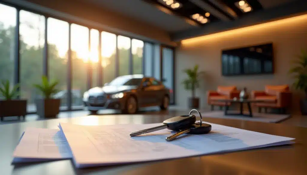 Car keys resting on documents in a well-lit modern setting with a car in the background