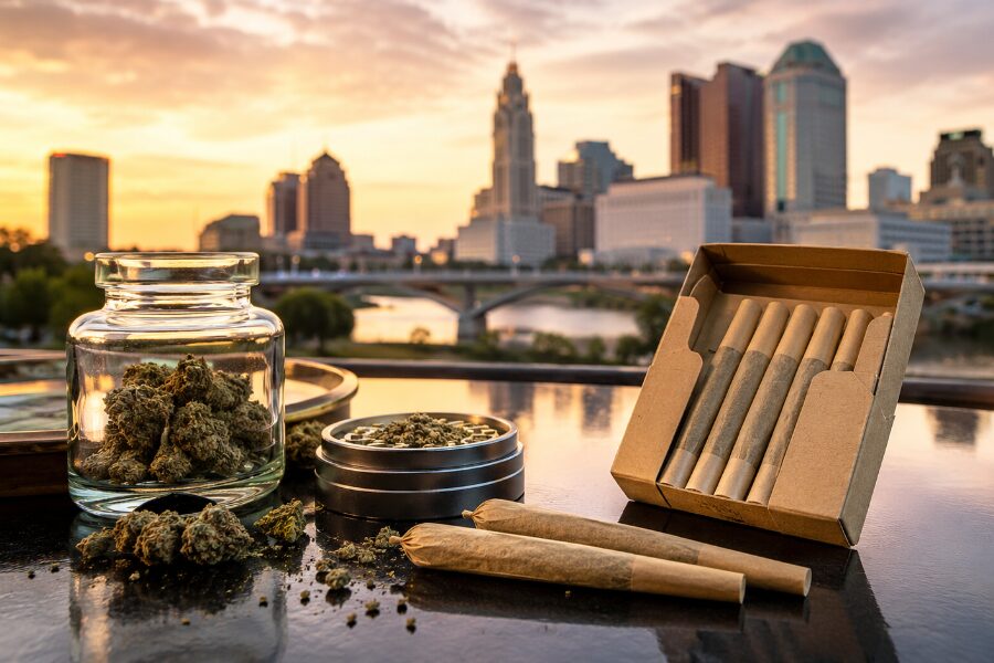 A display of cannabis products including a jar of buds, a tin of ground cannabis, and rolled joints against a sunset bac